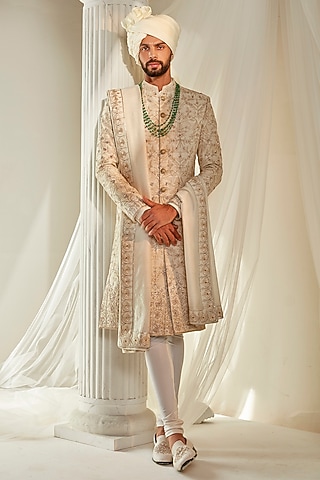 Ivory Raw Silk Embroidered Sherwani Set by Rachit Khanna Men