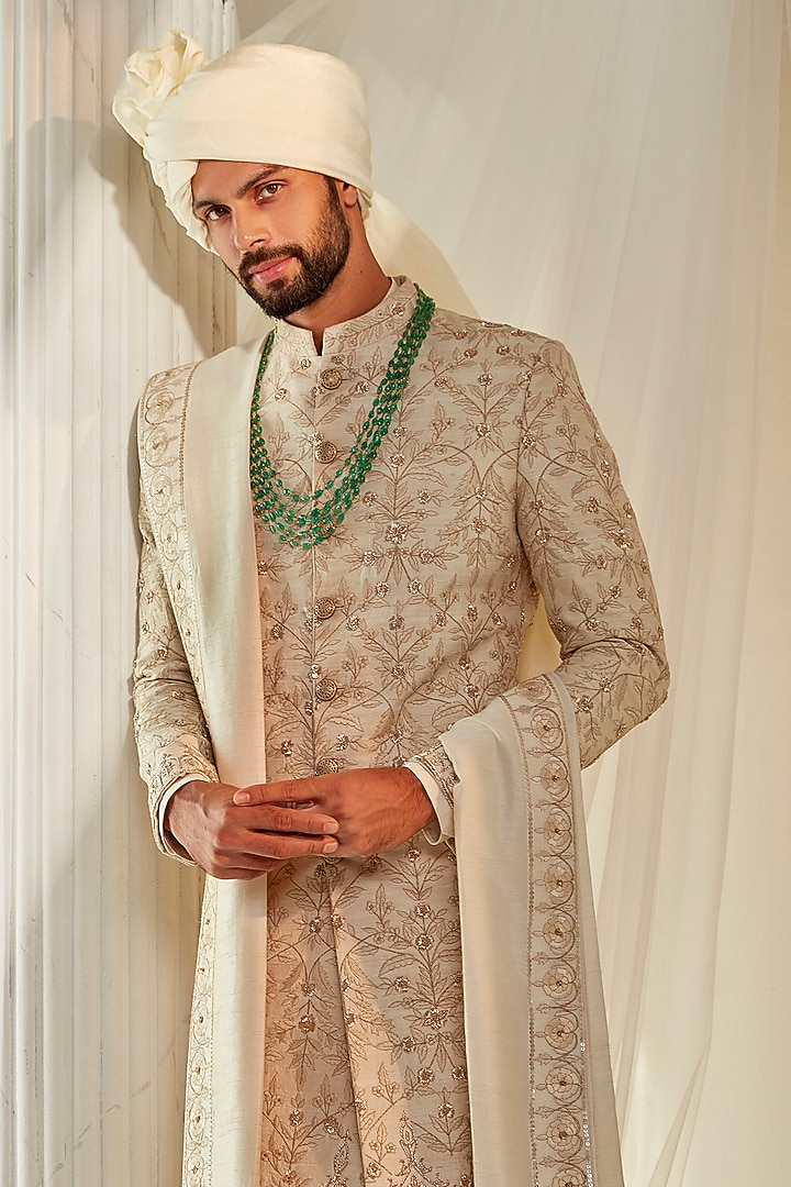 Ivory Raw Silk Embroidered Groom Sherwani Set by Rachit Khanna Men at Pernia's Pop Up Shop