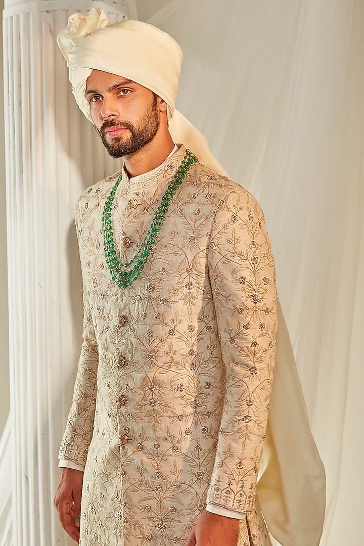 Ivory Raw Silk Embroidered Groom Sherwani Set by Rachit Khanna Men at Pernia's Pop Up Shop
