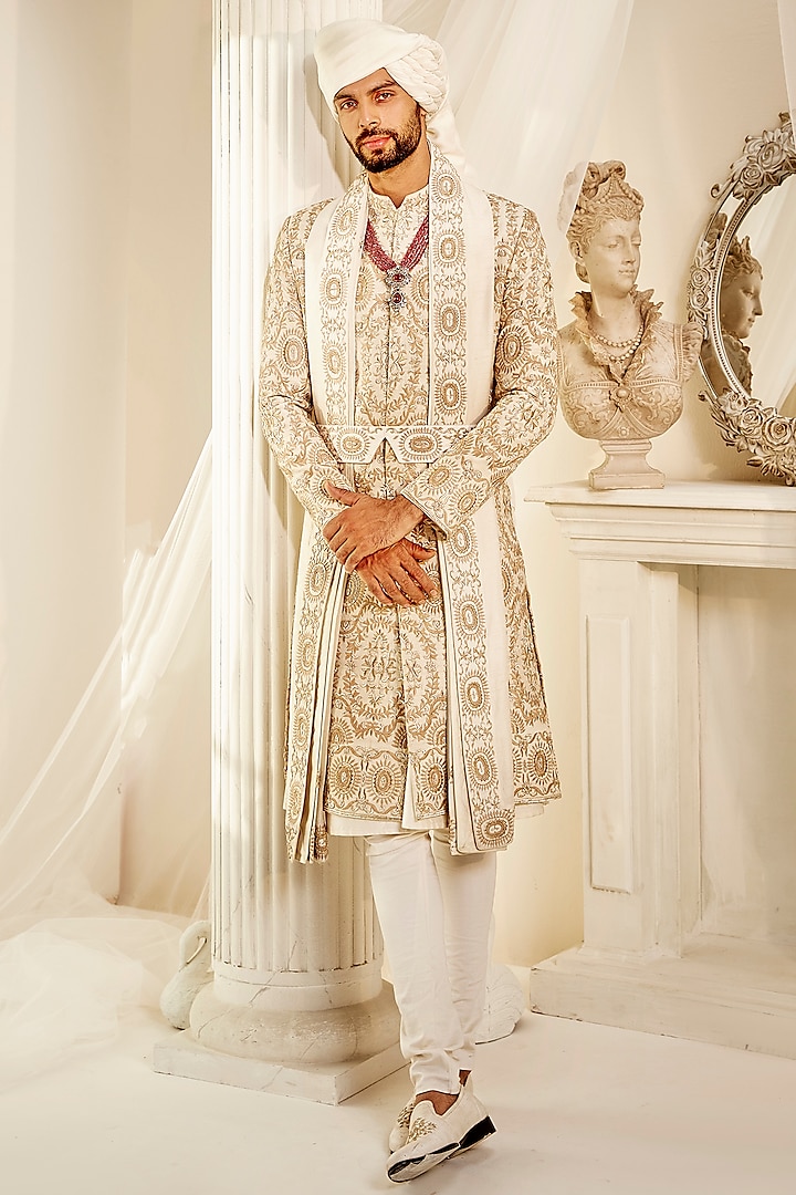 Ivory Raw Silk Embroidered Groom Sherwani Set by Rachit Khanna Men at Pernia's Pop Up Shop