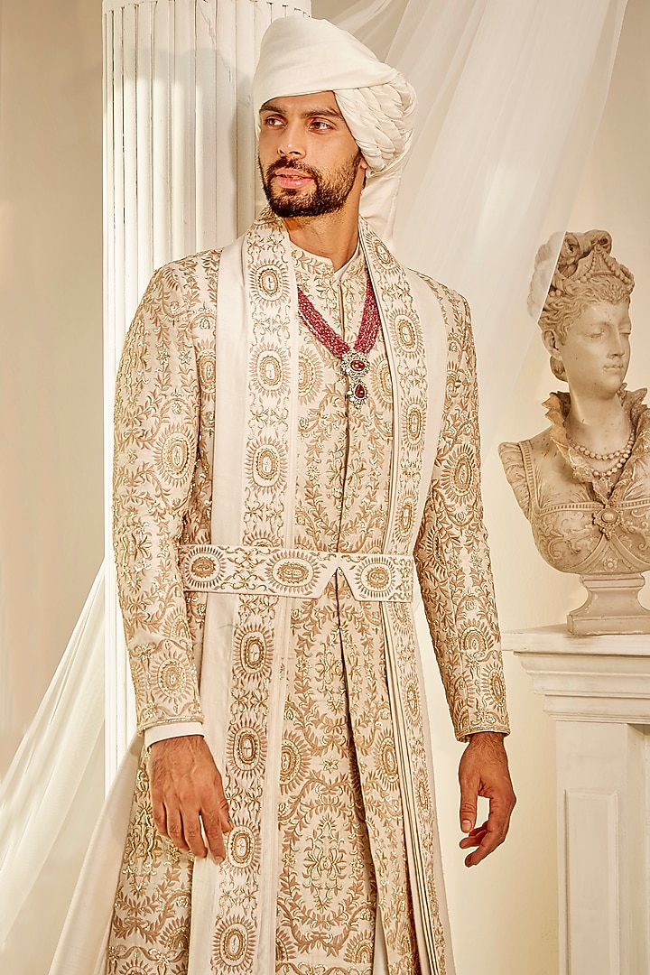 Ivory Raw Silk Embroidered Groom Sherwani Set by Rachit Khanna Men at Pernia's Pop Up Shop
