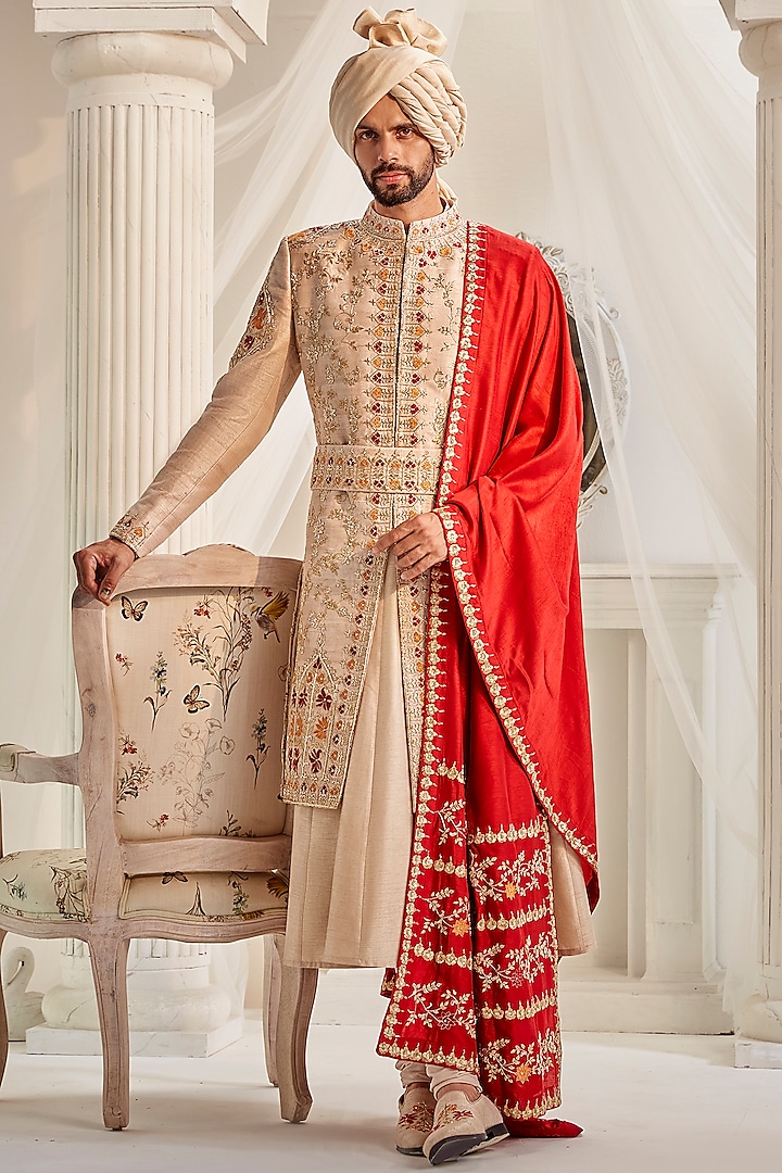 Light Gold Tussar Silk Embroidered Groom Sherwani Set by Rachit Khanna Men at Pernia's Pop Up Shop