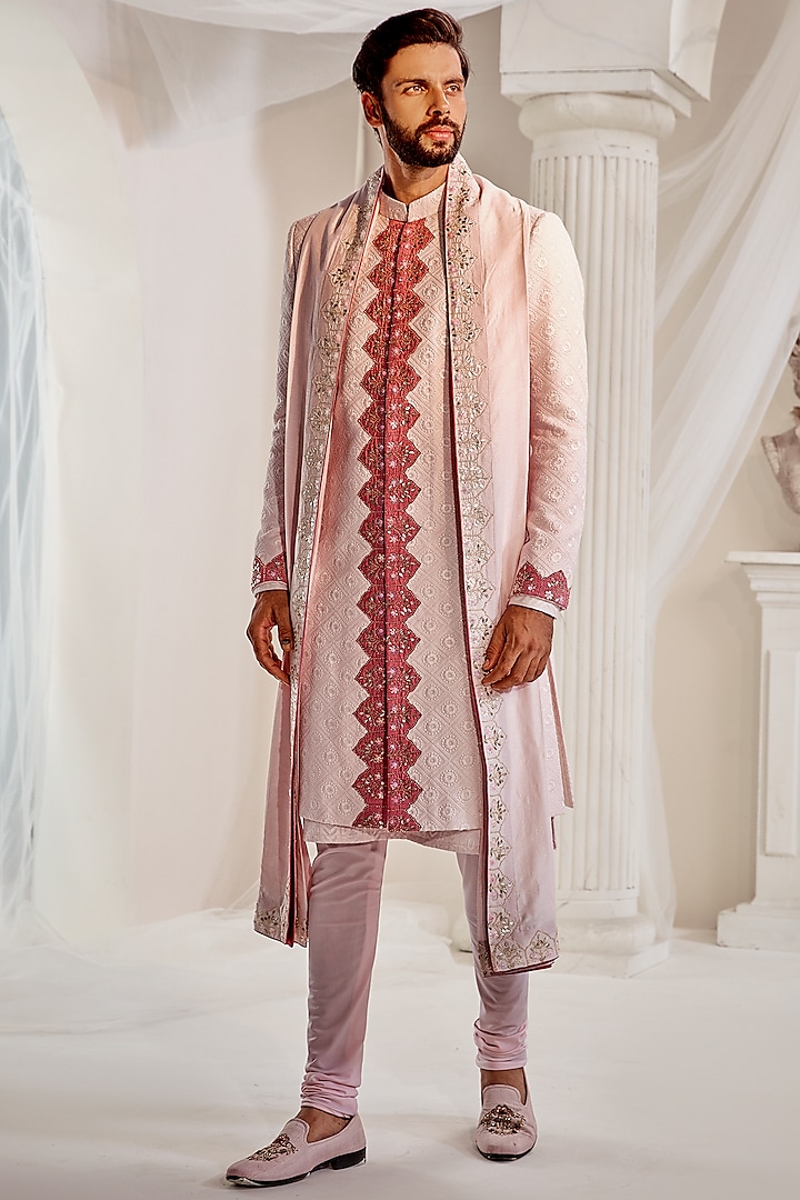 Powder Pink Lucknowi Georgette Embroidered Sherwani Set by Rachit Khanna Men