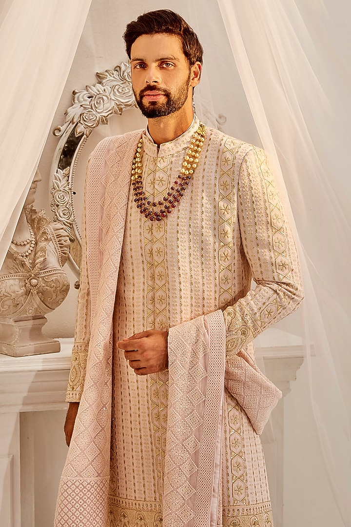 Powder Peach Lucknowi Georgette Embroidered Groom Sherwani Set by Rachit Khanna Men at Pernia's Pop Up Shop