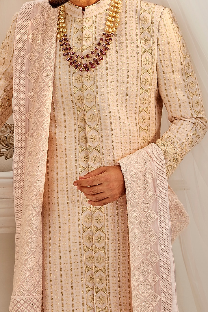 Powder Peach Lucknowi Georgette Embroidered Groom Sherwani Set by Rachit Khanna Men at Pernia's Pop Up Shop