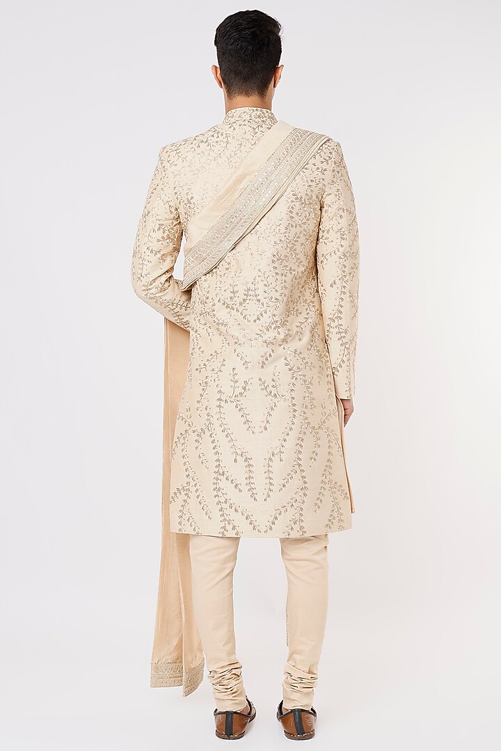 Peach Raw Silk Embroidered Groom Sherwani Set by Rachit Khanna Men at Pernia's Pop Up Shop