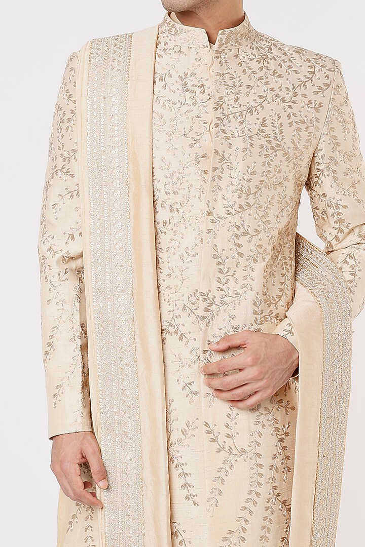 Peach Raw Silk Embroidered Groom Sherwani Set by Rachit Khanna Men at Pernia's Pop Up Shop