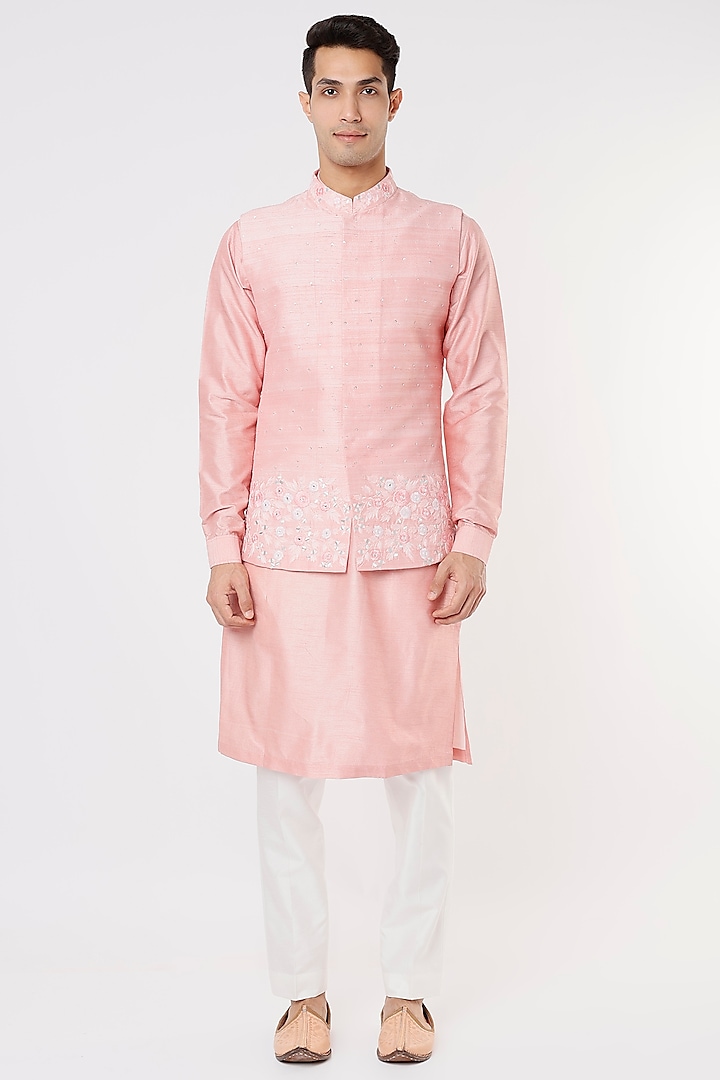 Pink Raw Silk Kurta Set With Bundi Jacket by Rachit Khanna Men