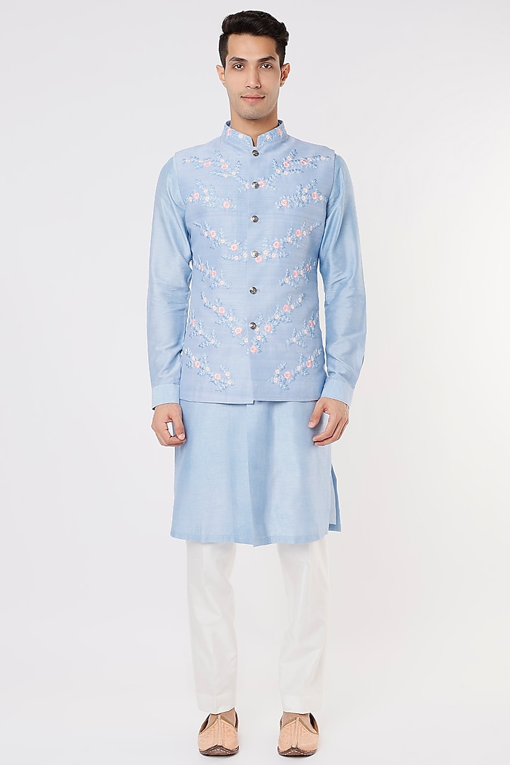 Blue Raw Silk Kurta Set With Bundi Jacket by Rachit Khanna Men