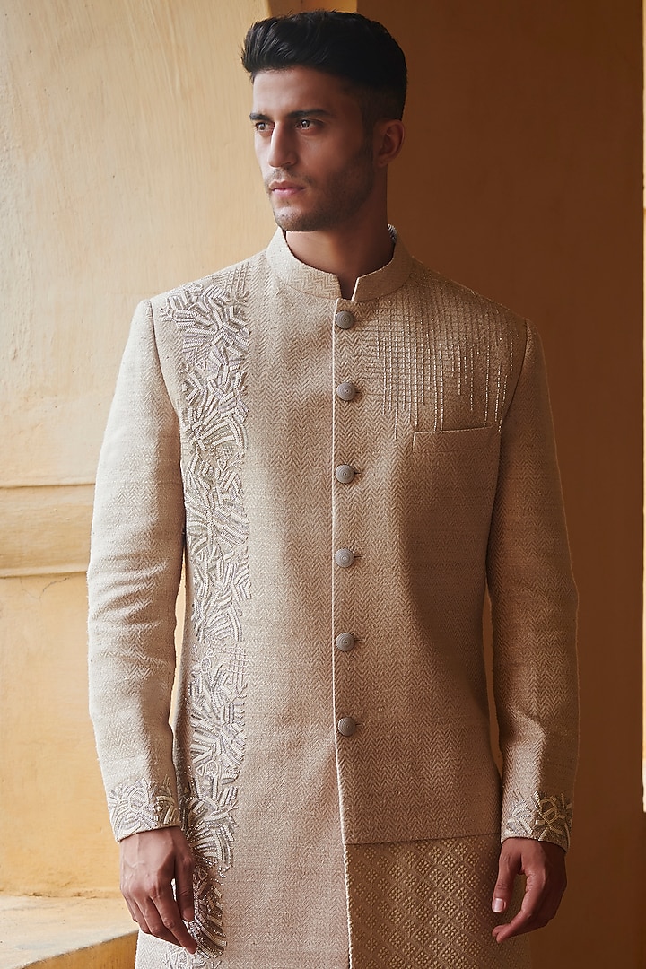 Beige Handloom Groom Sherwani Set by Rachit Khanna Men at Pernia's Pop Up Shop