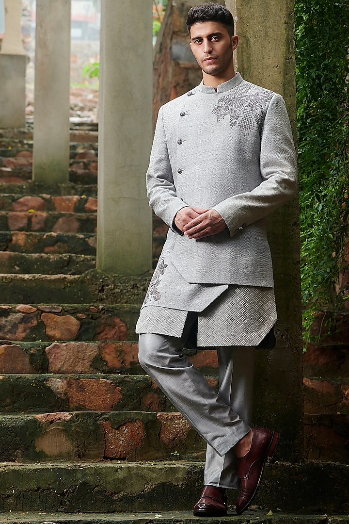 Grey Handloom Four Layered Sherwani Set by Rachit Khanna Men