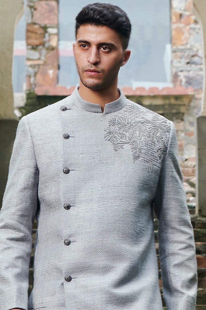 Grey Handloom Four Layered Groom Sherwani Set by Rachit Khanna Men at Pernia's Pop Up Shop