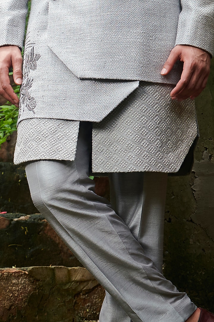 Grey Handloom Four Layered Groom Sherwani Set by Rachit Khanna Men at Pernia's Pop Up Shop