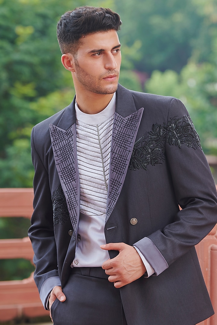 Stone Grey Embroidered Tuxedo Set by Rachit Khanna Men at Pernia's Pop Up Shop