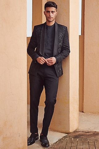 Black Embroidered Tuxedo Set by Rachit Khanna Men