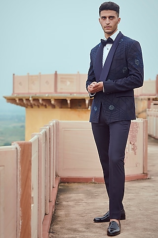 Navy Blue Embroidered Tuxedo Set by Rachit Khanna Men