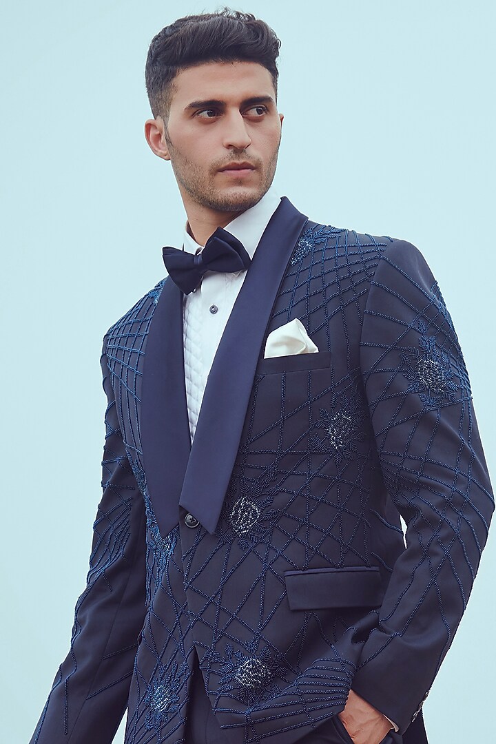 Navy Blue Embroidered Tuxedo Set by Rachit Khanna Men at Pernia's Pop Up Shop