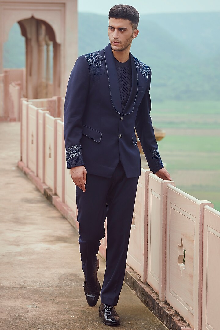 Navy Blue Suiting Tuxedo Set by Rachit Khanna Men