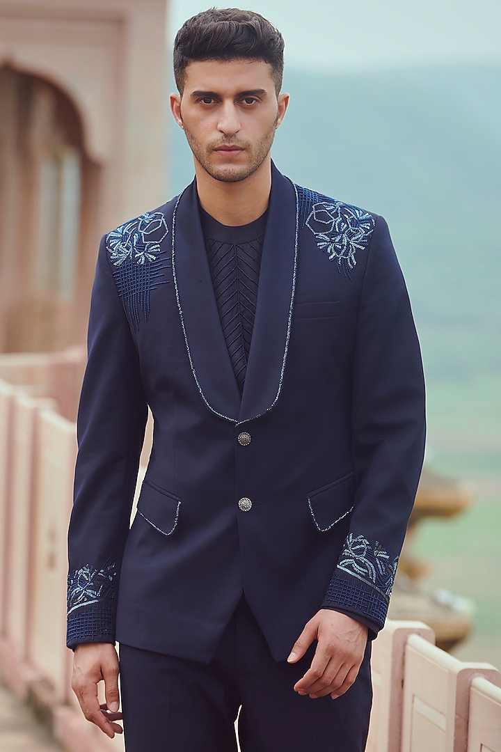 Navy Blue Suiting Tuxedo Set by Rachit Khanna Men at Pernia's Pop Up Shop