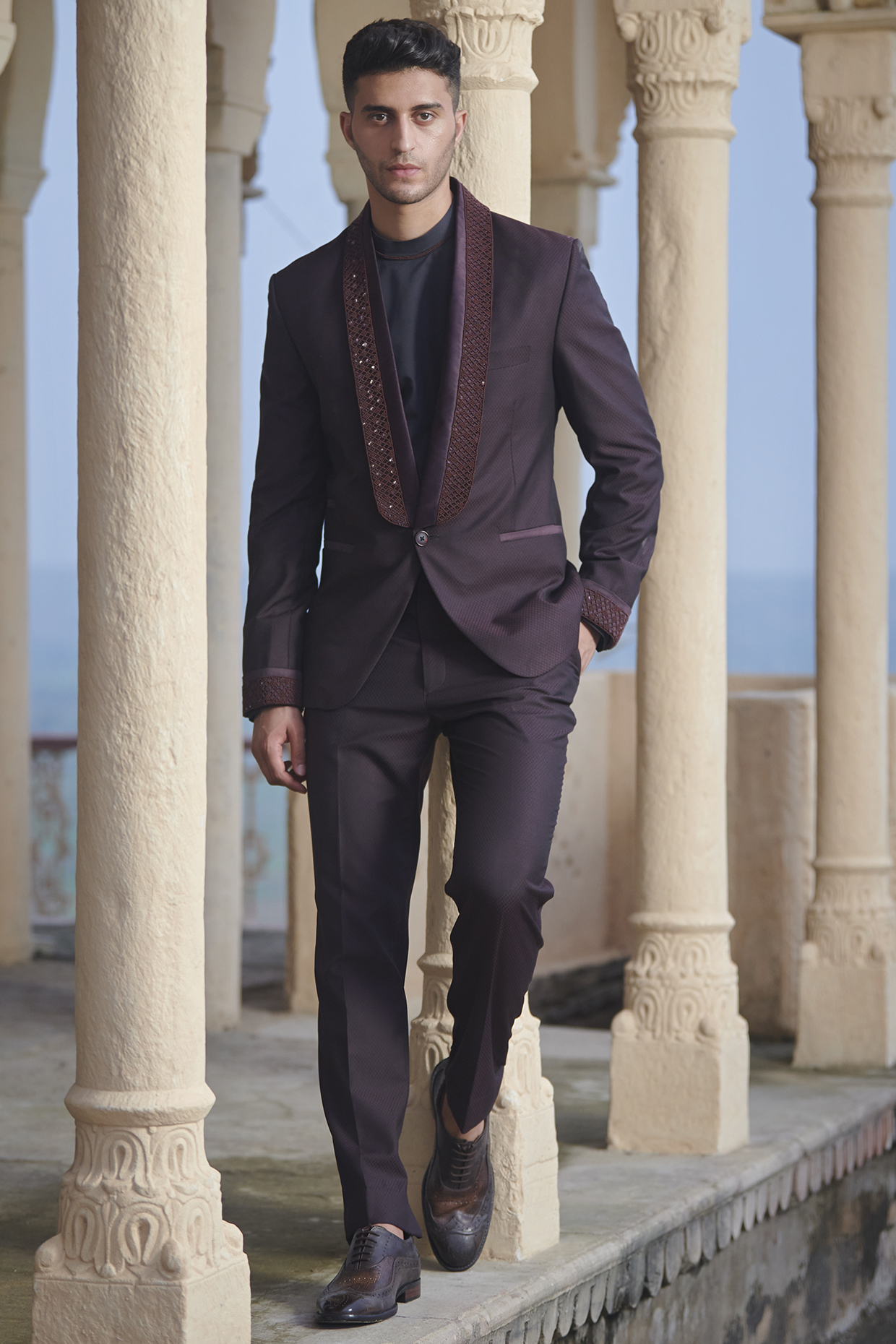 Wine Suiting Tuxedo Set by Rachit Khanna Men