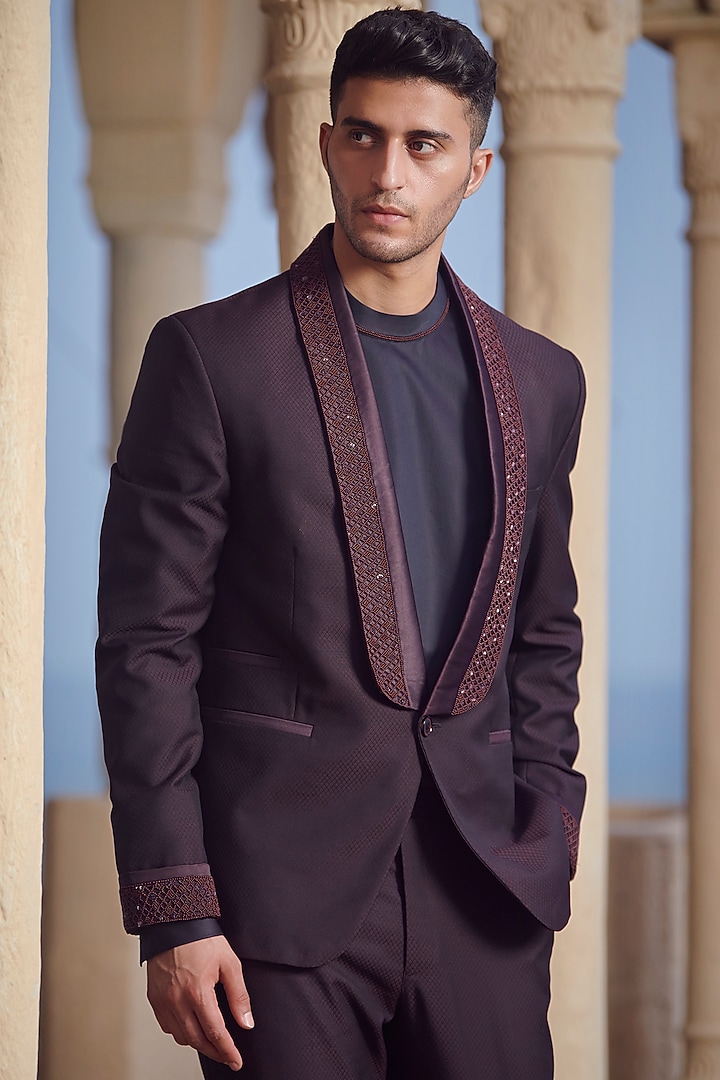Wine Suiting Tuxedo Set by Rachit Khanna Men at Pernia's Pop Up Shop