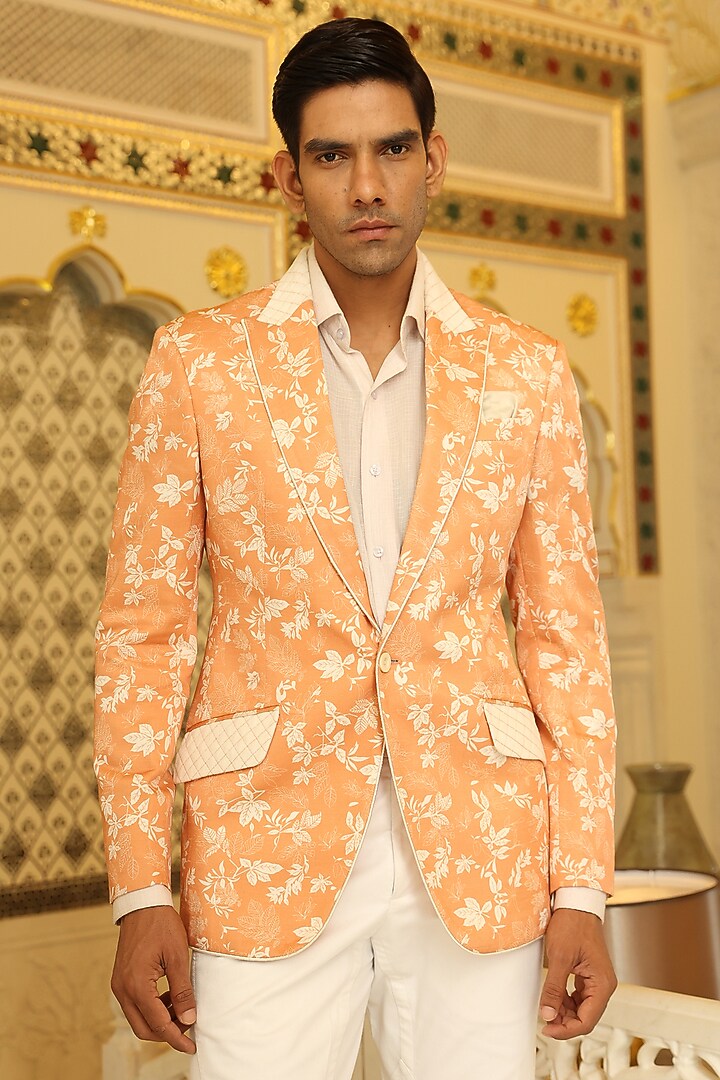 Peach Linen Silk Printed Blazer by Rohit Kamra Jaipur at Pernia's Pop Up Shop