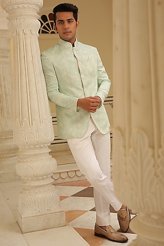 Aqua Linen Silk Printed Jodhpuri by Rohit Kamra Jaipur