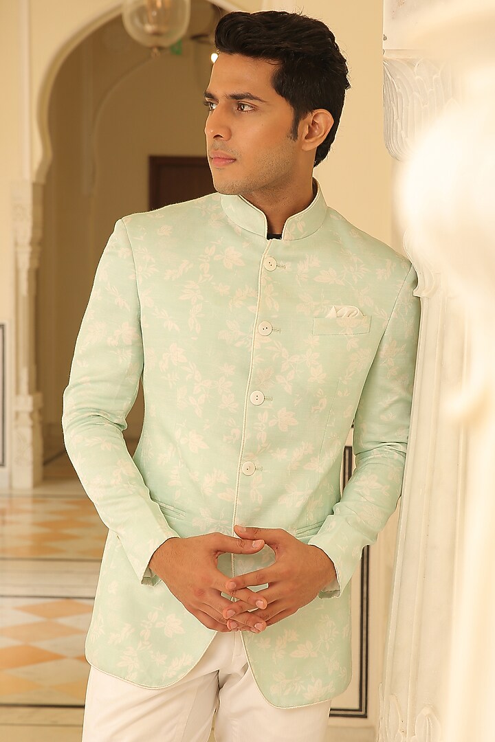 Aqua Linen Silk Printed Jodhpuri by Rohit Kamra Jaipur at Pernia's Pop Up Shop