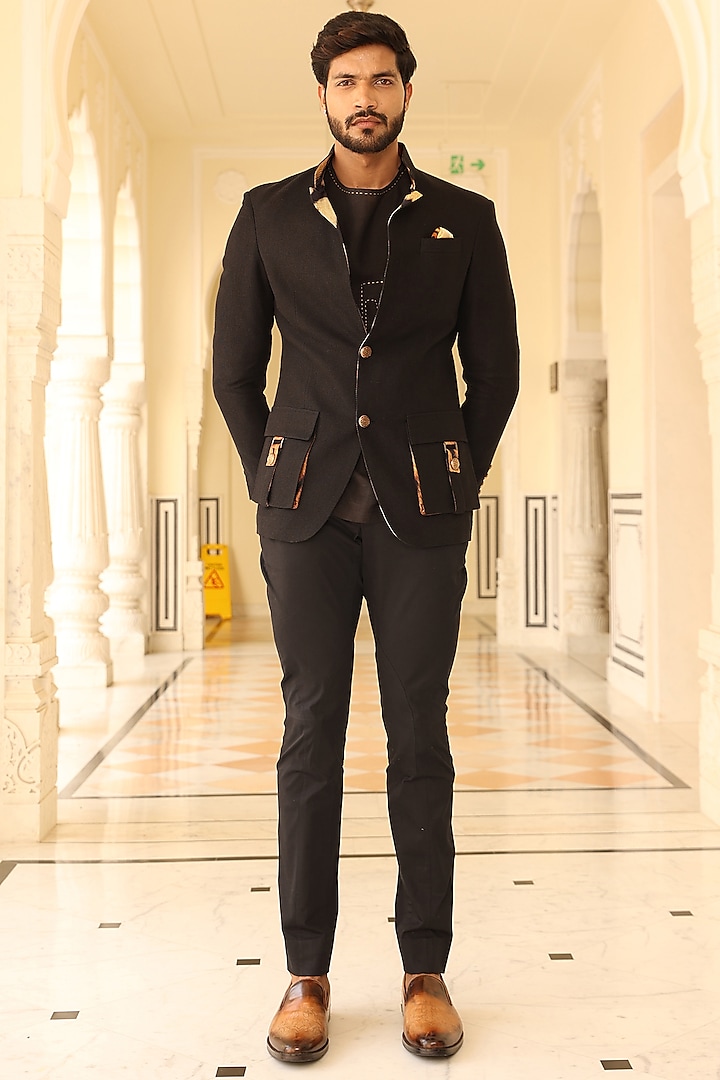 Black Linen Printed Convertible Jacket by Rohit Kamra Jaipur