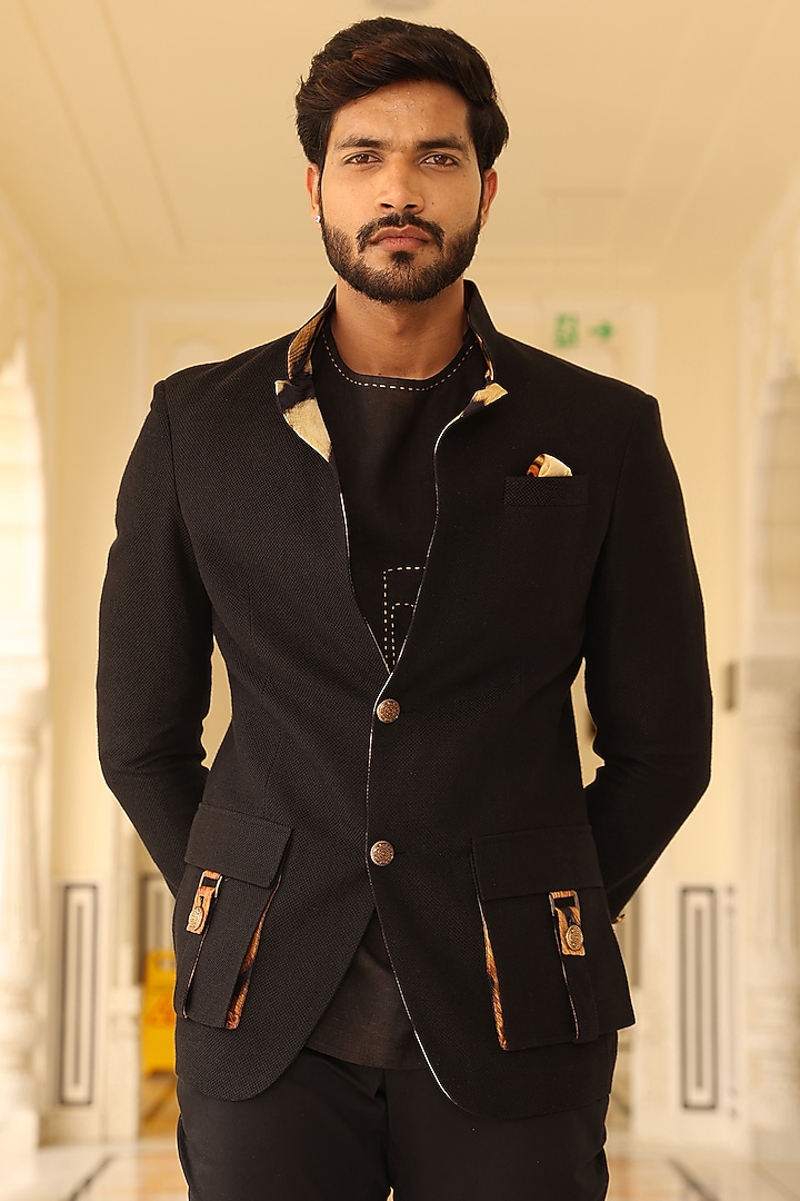 Black Linen Printed Convertible Jacket by Rohit Kamra Jaipur at Pernia's Pop Up Shop