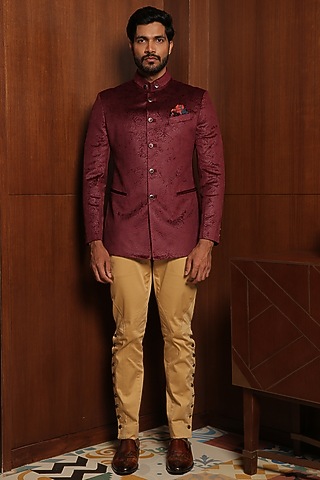 Maroon Micro Velvet Embossed Jodhpuri by Rohit Kamra Jaipur