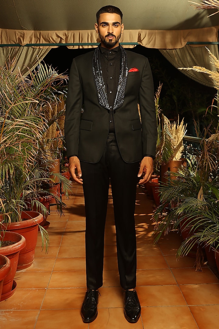 Black Wool Embroidered Tuxedo by Rohit Kamra Jaipur