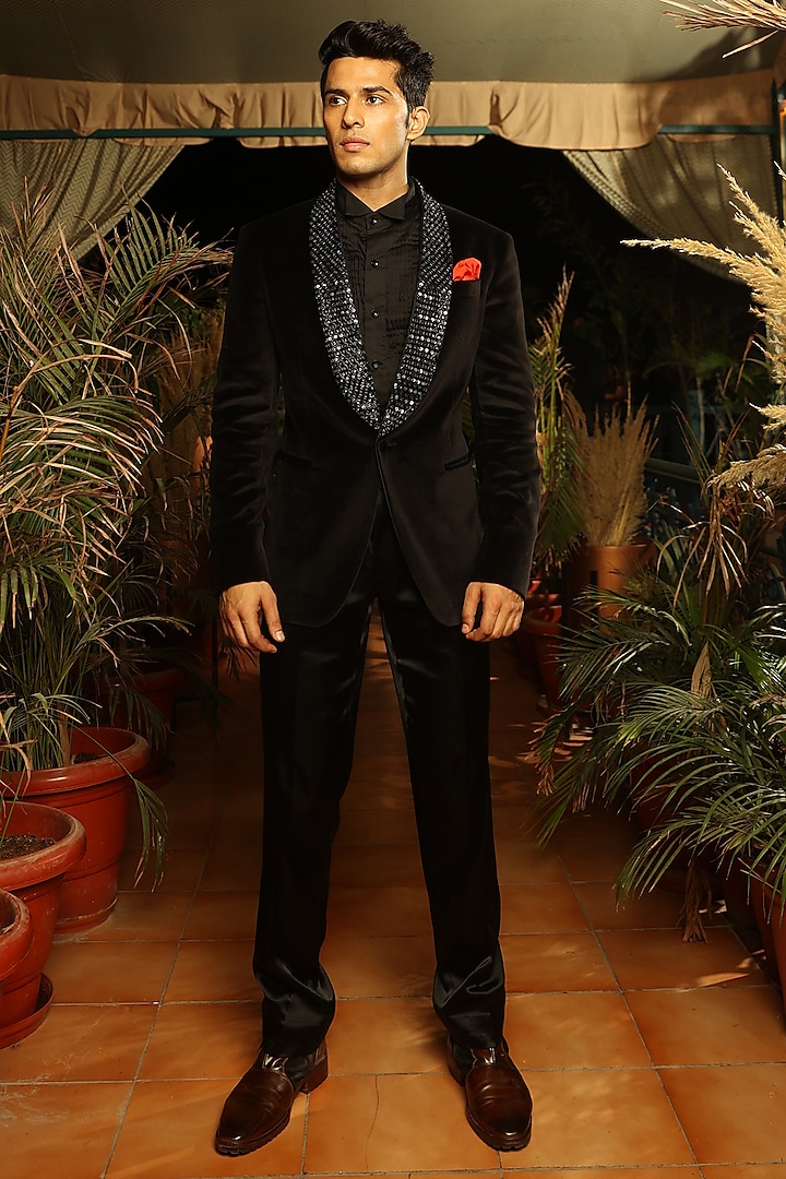 Black Velvet Embroidered Tuxedo by Rohit Kamra Jaipur