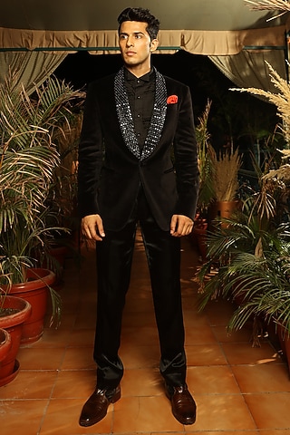 Black Velvet Embroidered Tuxedo by Rohit Kamra Jaipur