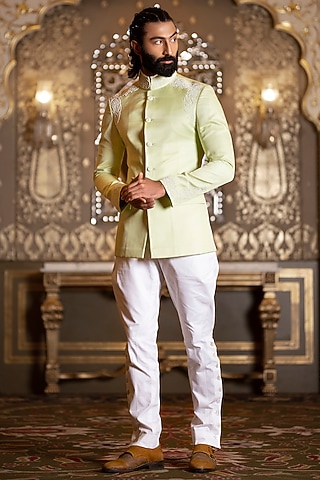Mint Green Linen Silk Embroidered Jodhpuri by Rohit Kamra Jaipur