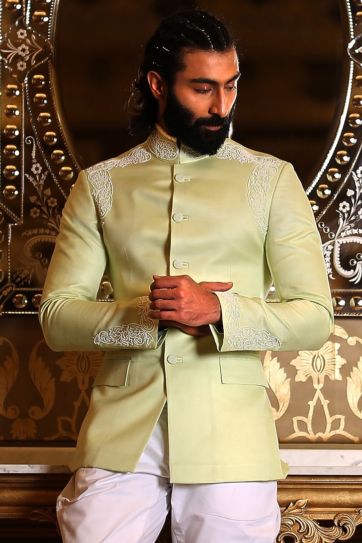 Mint Green Linen Silk Embroidered Jodhpuri by Rohit Kamra Jaipur at Pernia's Pop Up Shop