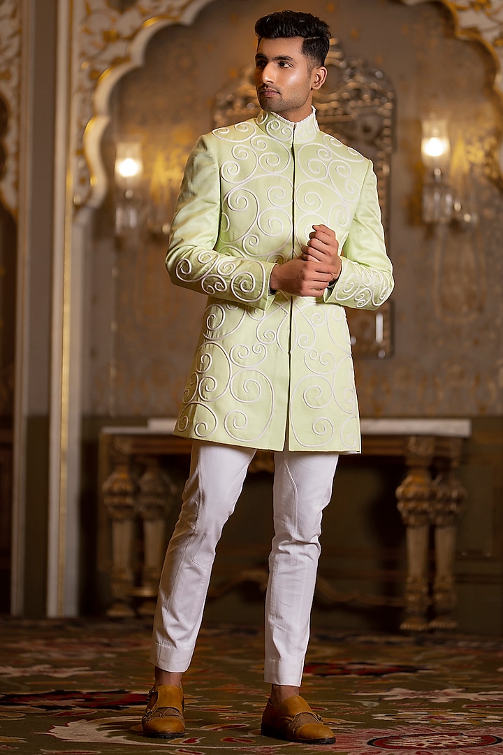 Mint Green Linen Silk Embroidered Indowestern by Rohit Kamra Jaipur