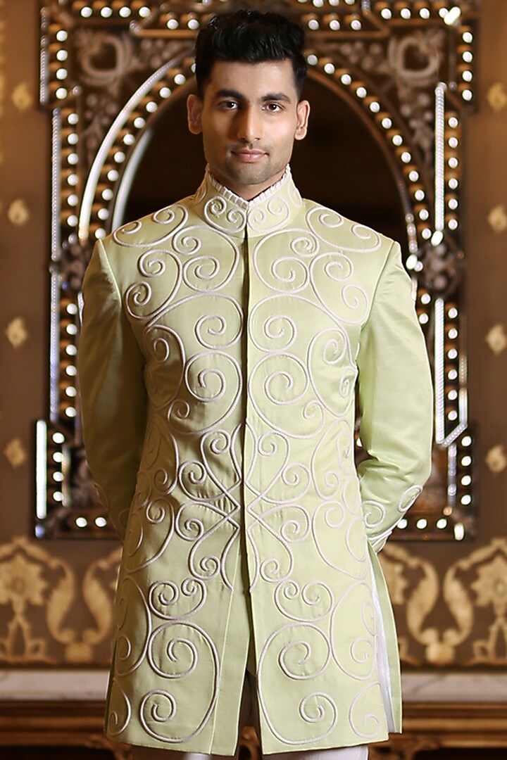 Mint Green Linen Silk Embroidered Wedding Indowestern by Rohit Kamra Jaipur at Pernia's Pop Up Shop