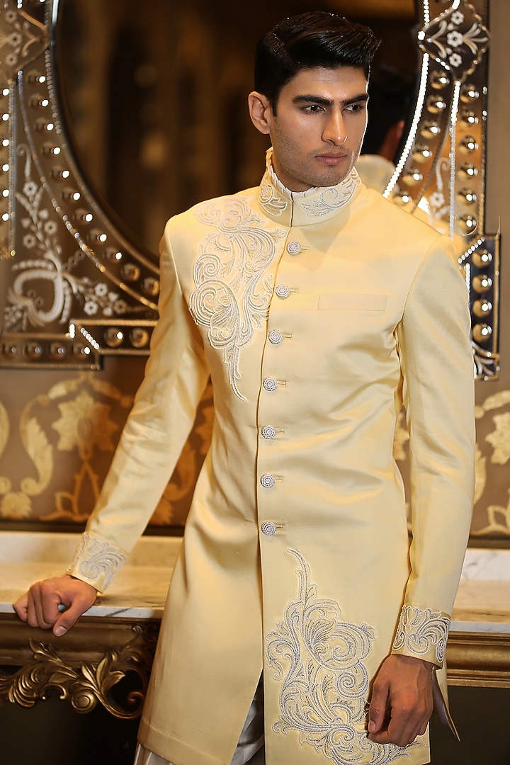 Yellow Linen Silk Embroidered Wedding Indowestern by Rohit Kamra Jaipur at Pernia's Pop Up Shop