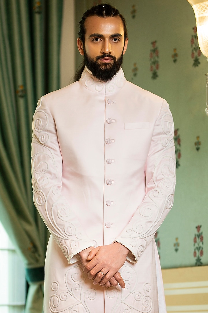 Pink Linen Silk Embroidered Achkan by Rohit Kamra Jaipur at Pernia's Pop Up Shop