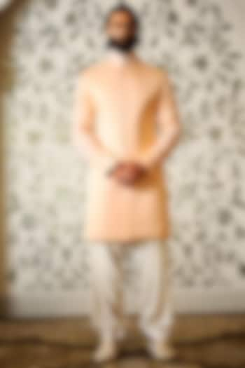 Peach Linen Silk Embroidered Sherwani by Rohit Kamra Jaipur