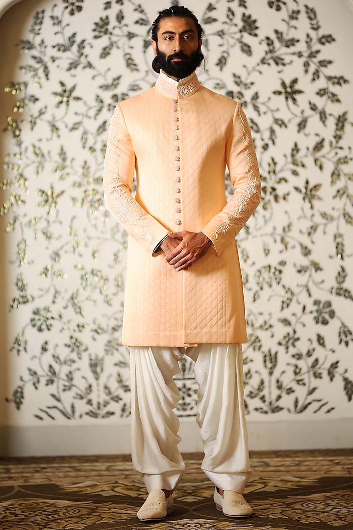 Peach Linen Silk Embroidered Sherwani by Rohit Kamra Jaipur