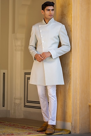Aqua Textured Fabric Embossed Angrakha Kurta by Rohit Kamra Jaipur