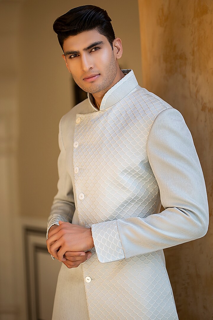 Aqua Textured Fabric Embossed Angrakha Kurta by Rohit Kamra Jaipur at Pernia's Pop Up Shop