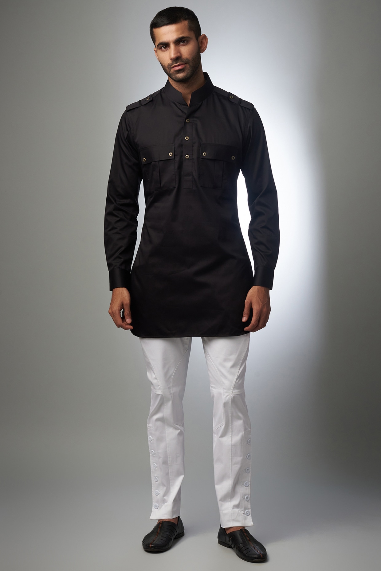 Black Cotton Pathani Kurta Design by Rohit Kamra Jaipur at