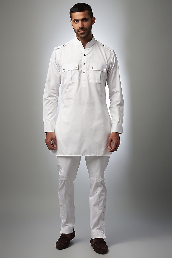 White Cotton Pathani Kurta by Rohit Kamra Jaipur