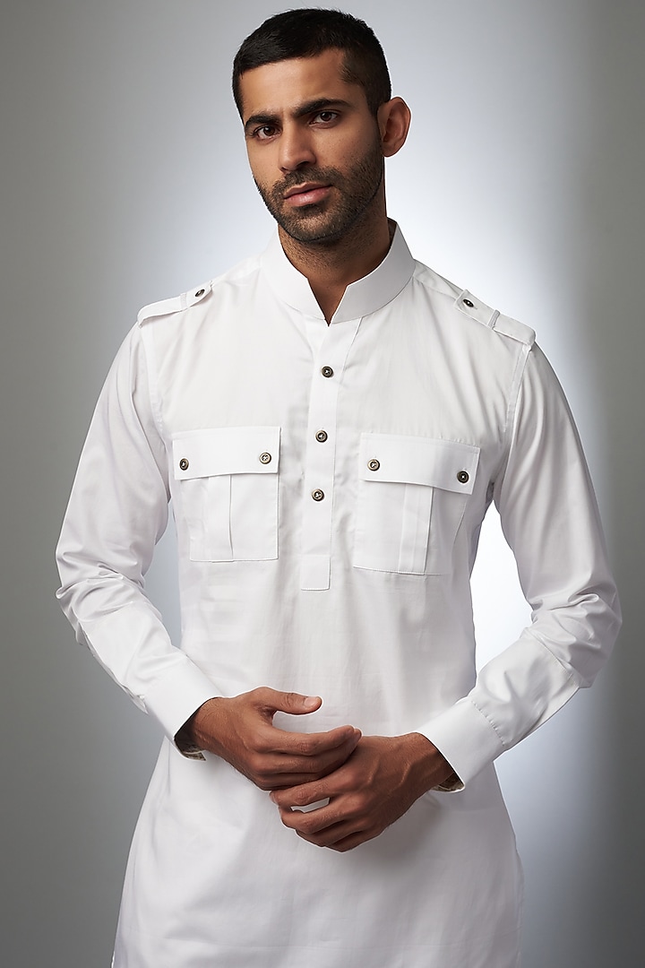 White Cotton Pathani Kurta by Rohit Kamra Jaipur at Pernia's Pop Up Shop
