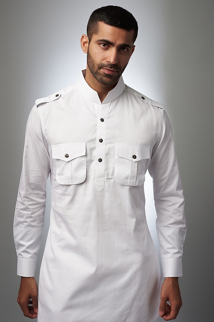 White Cotton Pathani Kurta by Rohit Kamra Jaipur at Pernia's Pop Up Shop