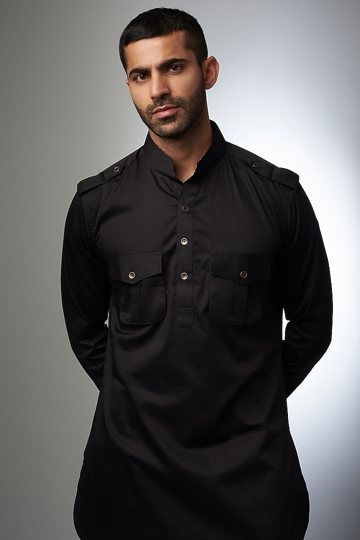 Black Cotton Pathani Kurta by Rohit Kamra Jaipur at Pernia's Pop Up Shop