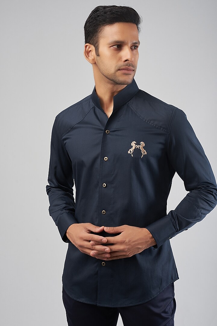 Blue Cotton Embroidered Shirt by Rohit Kamra Jaipur